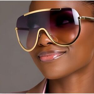 Oversized Shield Sunglasses Gold Frame Black Lens Cover Face‎ Protection Lentes